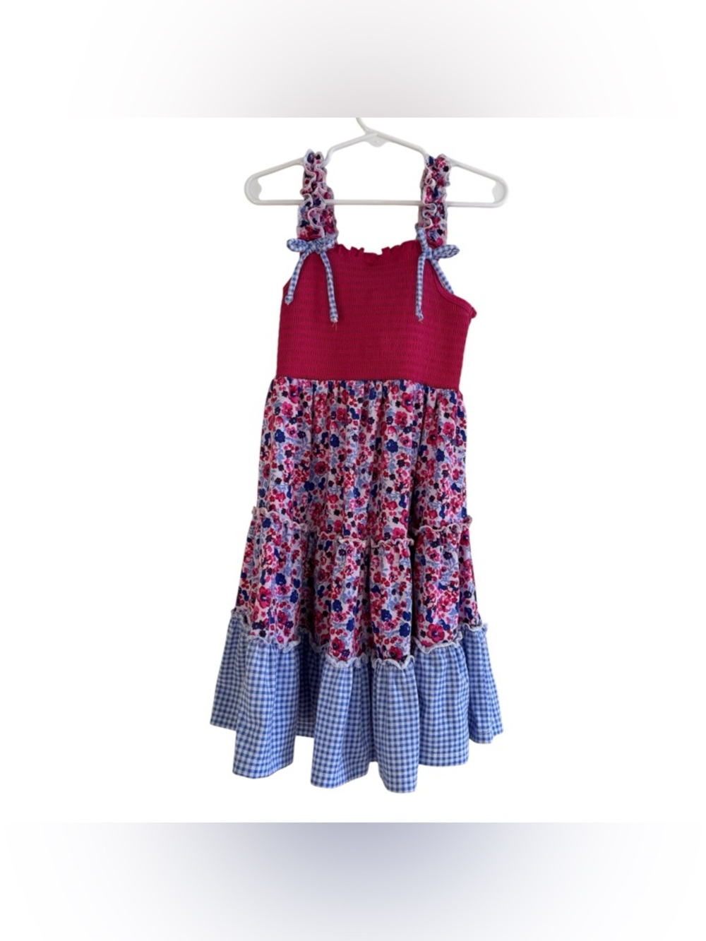Jona Michelle Smocked Tiered Pink Floral Sundress Blue Gingham Hem Girls 6